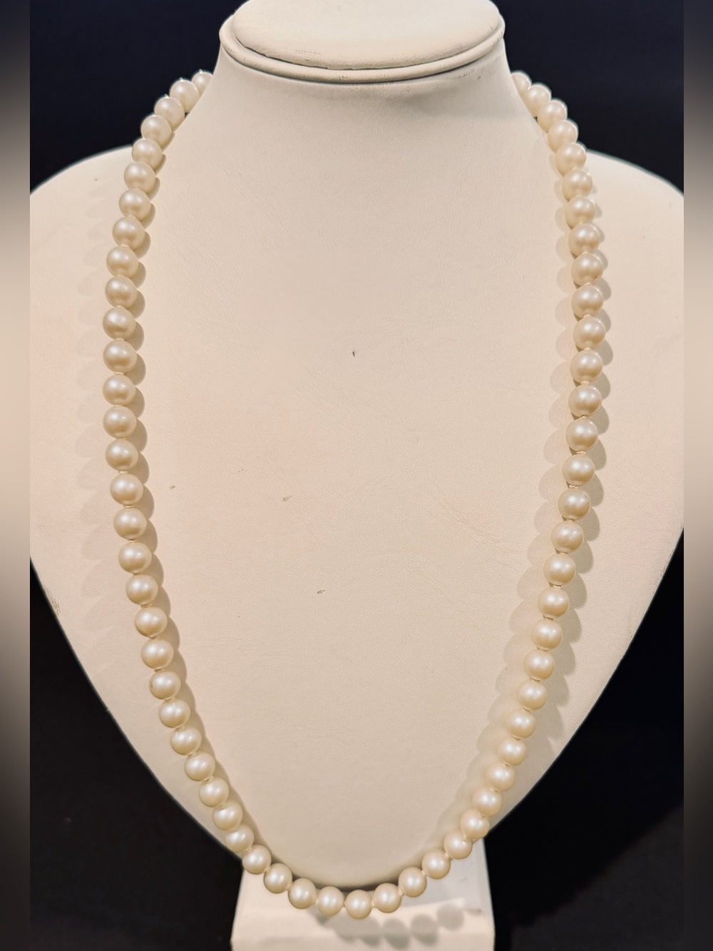 Vintage Japan Faux Pearl Necklace 24” Knotted Rhinestone Clasp 6-7mm